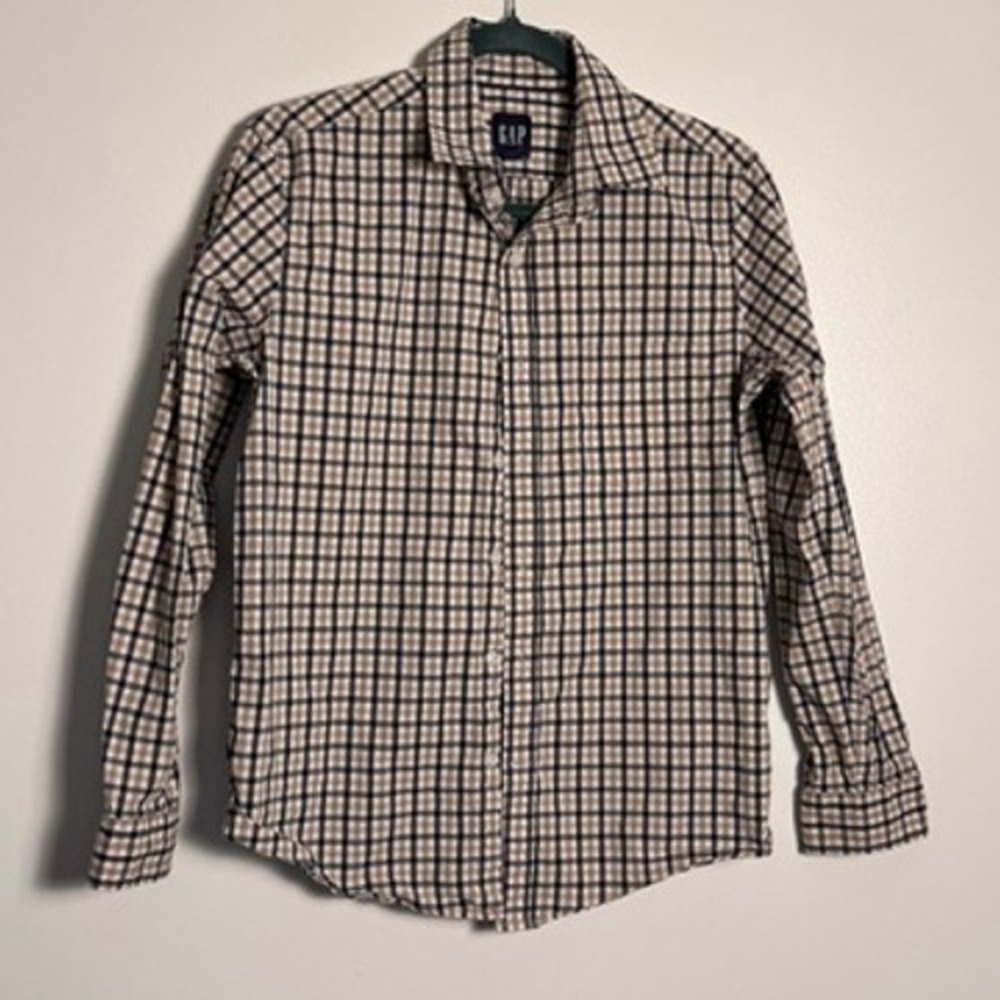 Gap Mens Small Navy Tan Check Long Sleeve Stretch Button Down Shirt GP001745